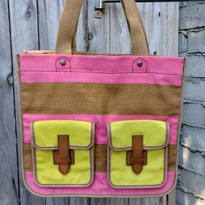 Fossil Striped 2 Pocket Pink Tan Yellow Neon Canvas Shoulder Bag Tote w Tag